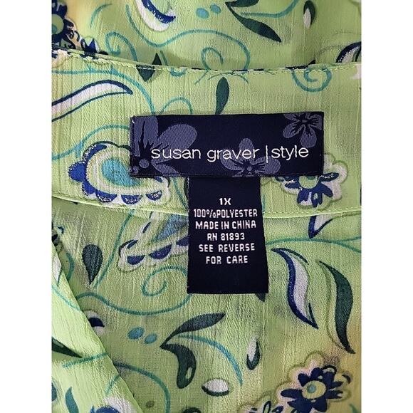 Susan Graver Style Sheer Floral V-Neck Blouse 1X Lime Green Blue Glitter Tunic - Picture 9 of 13